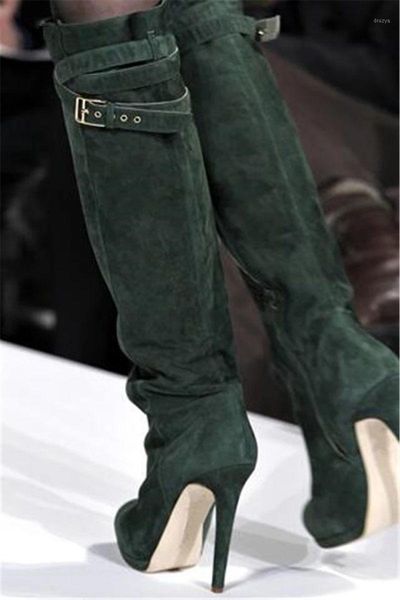 

fashion women black army green suede knee boots platform strap cross buckle thin high heel long knight boots runway dress shoe1