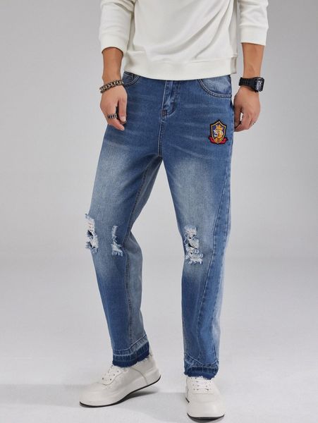 

men bleach wash ripped frayed embroidery patched jeans e3gu#, Blue