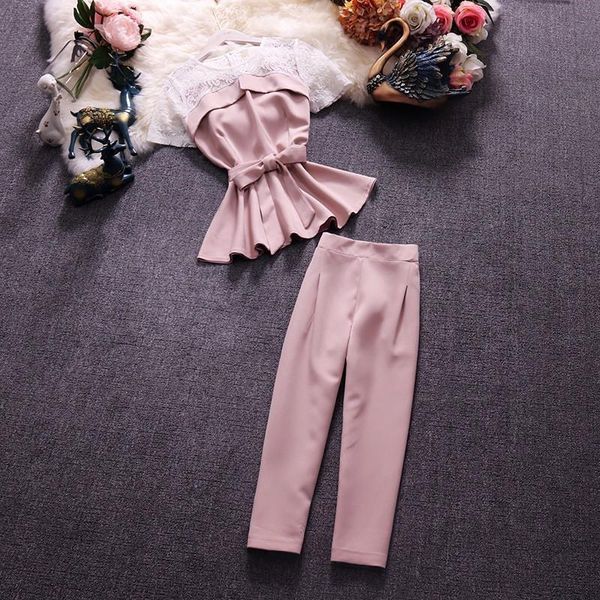 

women lace crochet patchwork ruffles sashes blouses jumpers high waist calf length trousers two pieces sets, Gray