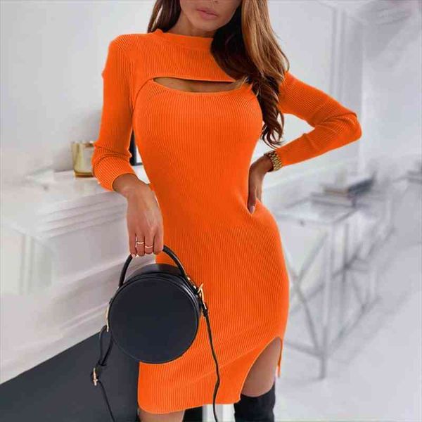

orange fashion chest hollow out long sleeve dress autumn winter knitting solid color bodycon dress vestidos, Black;gray