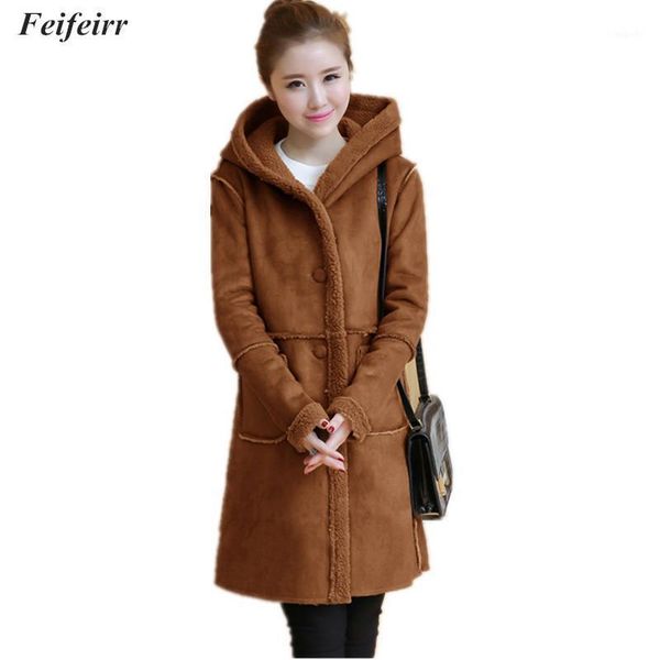 

new 2020 winter women faux lambs wool hooded long section plus velvet thickening one hooded cotton coat horn button warm jacket1, Black