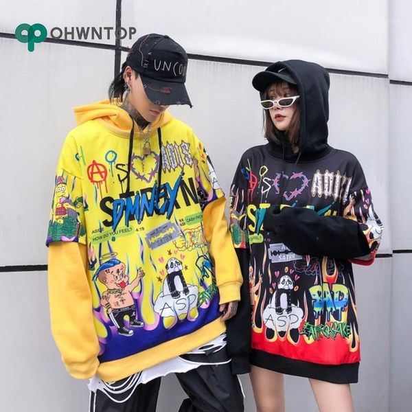 

cartoon graffiti letter print hooded pullover harajuku oversize style hooded sweatshirt men hip hop streetwear casual hoodie men1, Black