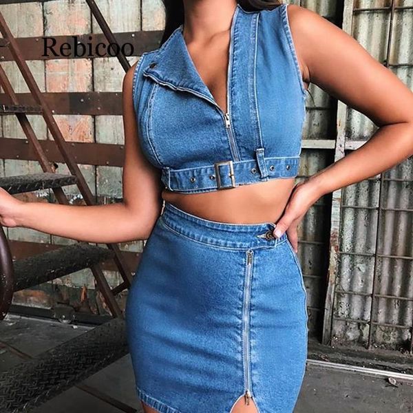 

cotton zipper belt denim sweat suits women two piece sets outfits v neck skinny tank cropped high street mini skirts1, White