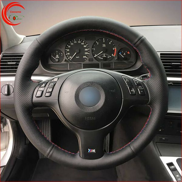 

hand-stitch black leather car steering wheel cover for bmw m sport e46 330i e39