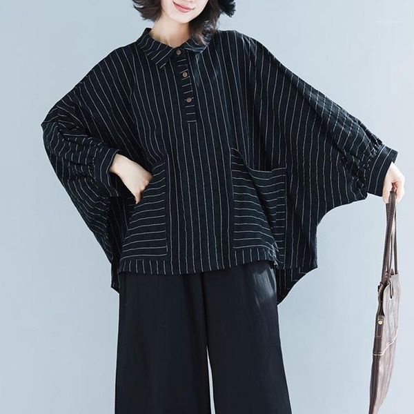 

johnature pockets turn-down collar batwing sleeve plus size female shirt 2020 autumn new all-match striped women pullover shirts1, White