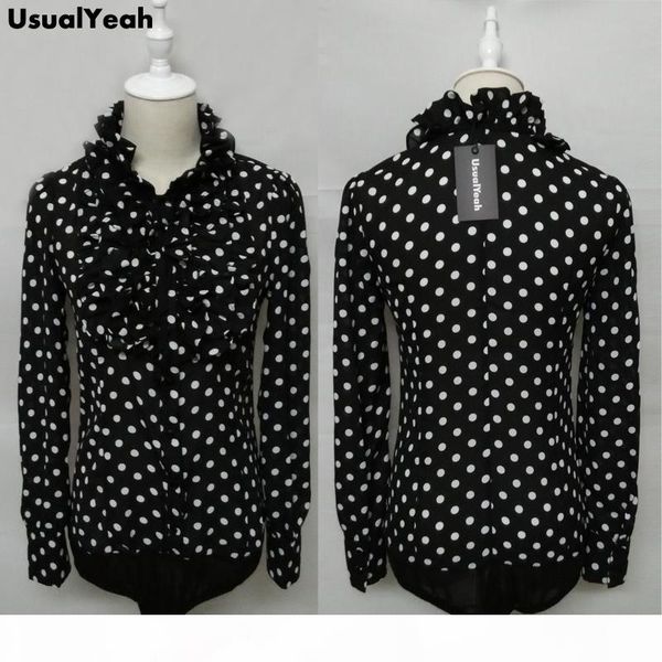 

wholesale- new fashion korea style vintage chiffon polka dots women's body blouse shirt stand collar ruffles s  l xl sy0185, White