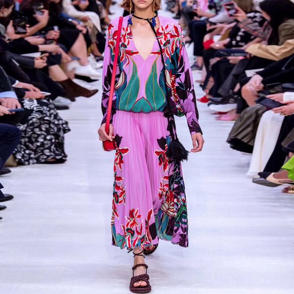 

aeleseen runway fashion spring summer women 2 piece set tassel purple loose blouse + print pleated skirt twinset lady suit 201130, White