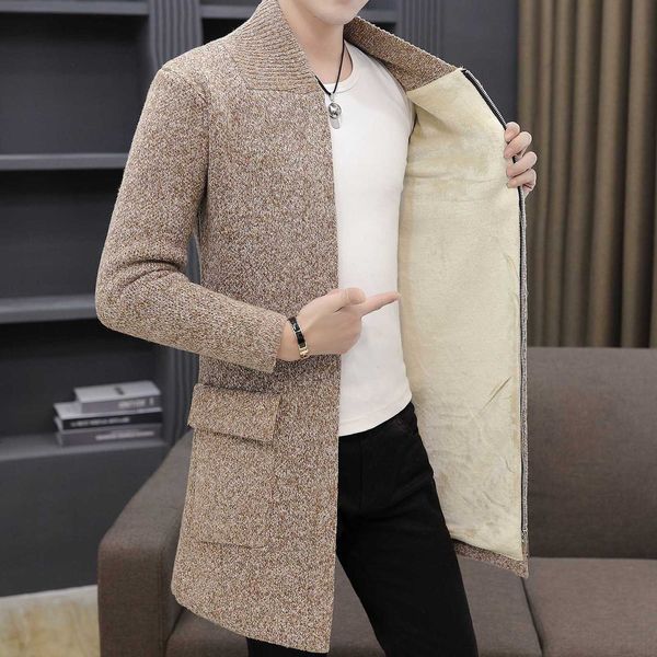 

windbreaker mid long slim spring and autumn wool youth handsome solid color sweater cardigan casual coat men's wear, Tan;black