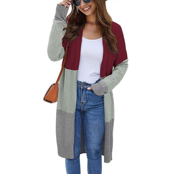 

2021 fashion womens spring autumn sweaters open front cardigan long sleeve colorblock knit sweaters with pockets, White;black