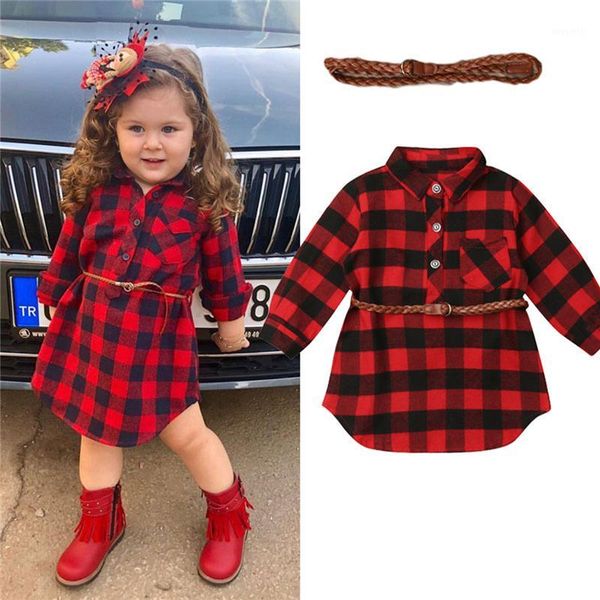 

girl's dresses 0-5 years toddler kids baby girls red plaid dress casual loose princess party long sleeve with sashes clothes1, Red;yellow