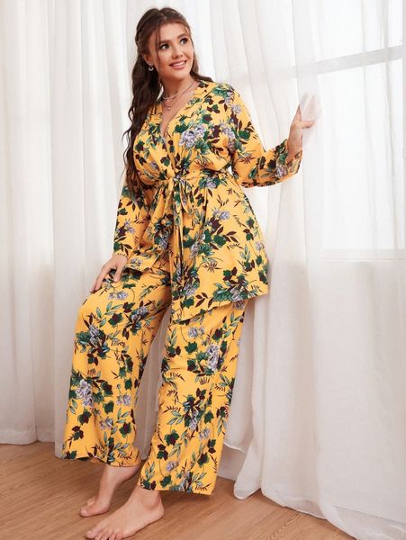 

plus allover floral print belted pj set z5mc#, Black;white