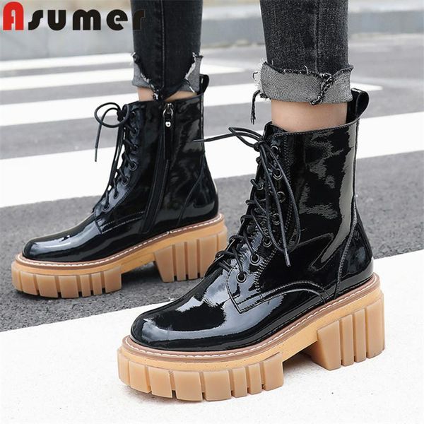 

asumer 2020 autumn winter thick bottom women's motorcycle boots genuine leather shoes fashion ankle boots woman, Black