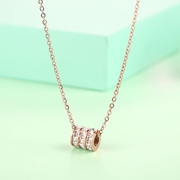 

korean style new girls plated 18k gold necklace three-ring small waist stone rose gold titanium steel pendant necklace, Silver