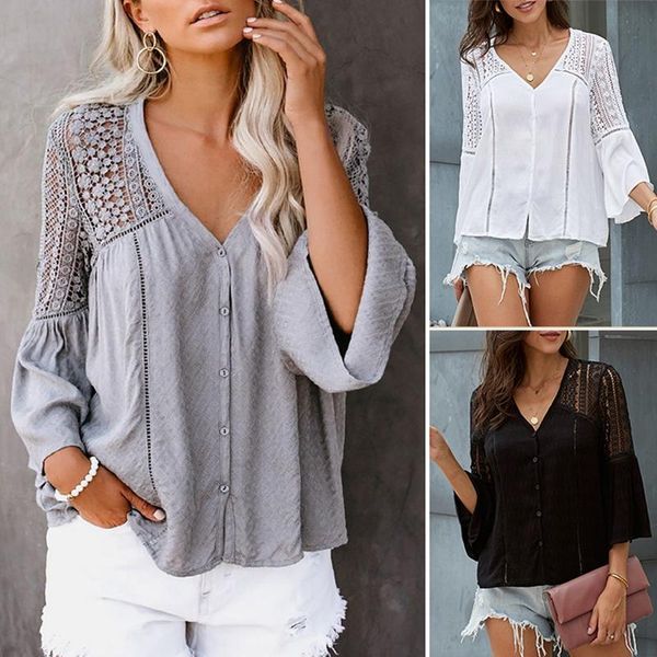 

women's v-neck lace blouse flare long sleeve hollow out patchwork blouses female ladies casual, White
