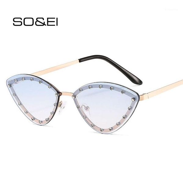 

so&ei vintage cat eye women luxury diamond sunglasses rimless ocean lens female triangle rhinestone sun glasses shades uv4001, White;black