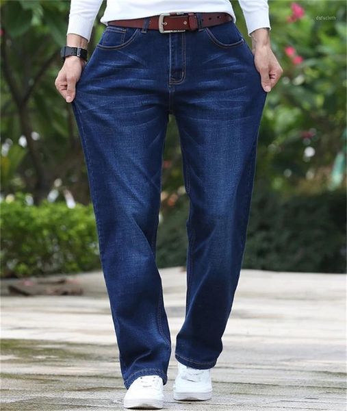 

plus size 42 44 mens blue jeans 2021 spring classic loose elastic trousers business casual denim pants brand mens clothes,0411