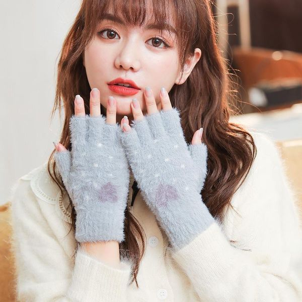 

winter knitted plush gloves ladies korean wrist lock temperature outdoor warmth plus velvet thick touch screen love half finger, Blue;gray