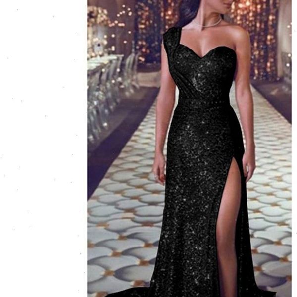 

sequin dress women one shoulder party dress ladies elegant robe ball gown gold bridesmaid v neck high split long dress 5s, Black;gray