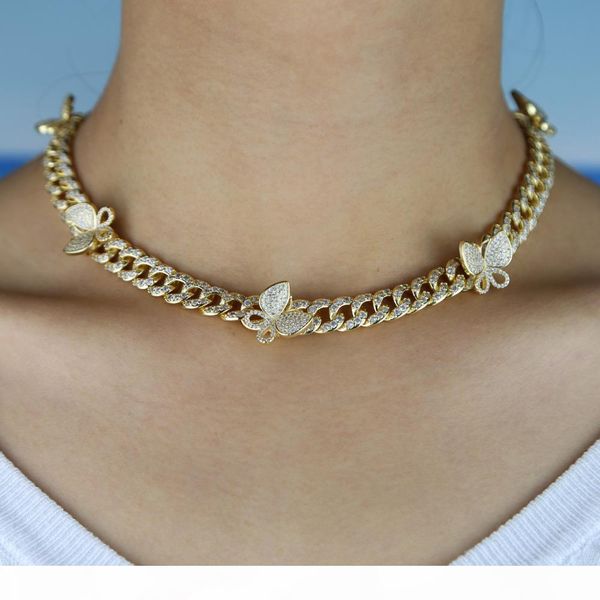 

iced out bling cz miami cuban link chain butterfly charm choker necklace hip hop women jewelry, Silver