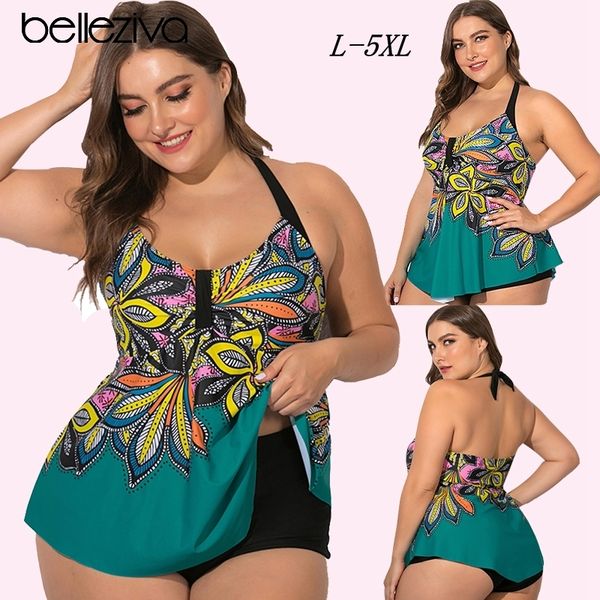 

belleziva plus size womens halter swimsuit plus size bikini bottoms one piece swimsuit tankini set flower print bathing suits y200319, White;black