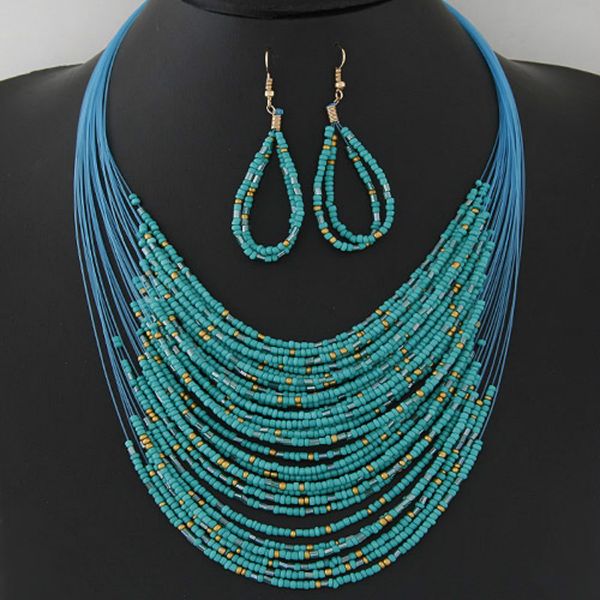 

selling fashion vintage jewelry sets joker bohemian multilayer colorful africa beads statement necklace earrings set, Silver