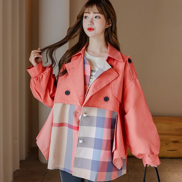 

[ewq] autumn new stitching large size trend ladies overcoats korean style long-sleeved check color coats turn-down collar 201028, Black;brown