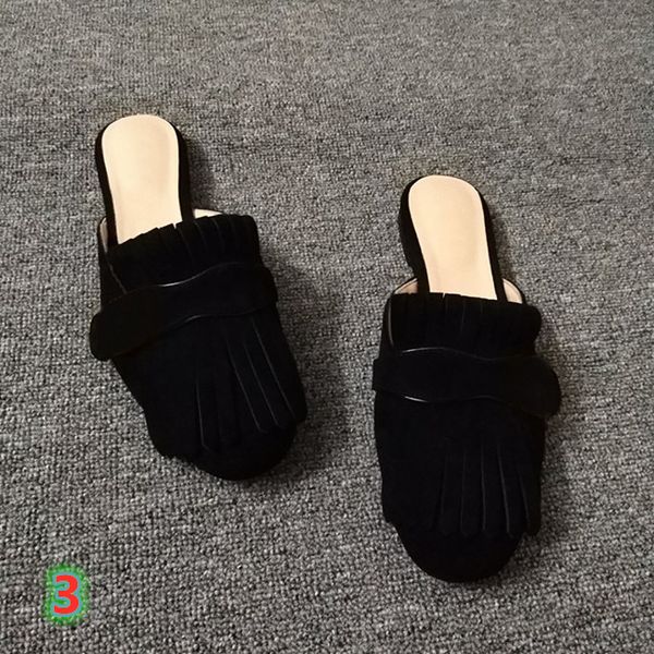 

designer summer leather flat slippers fashion lady lazy suede slippers 100% leather lady luxury sandals metal half slippers 35, Black