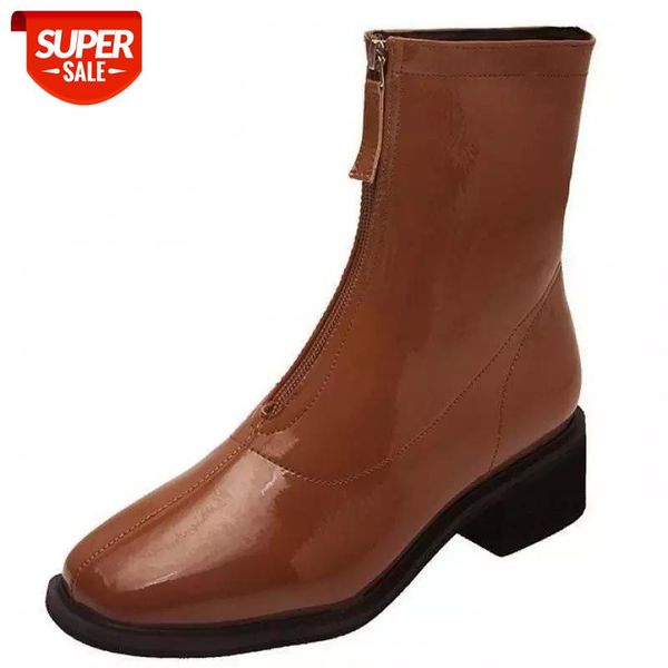 

fashion boots patent leather european design square toe thick high heel zipper elegant lady dating ankle boots zapatos de mujer #bz2n, Black