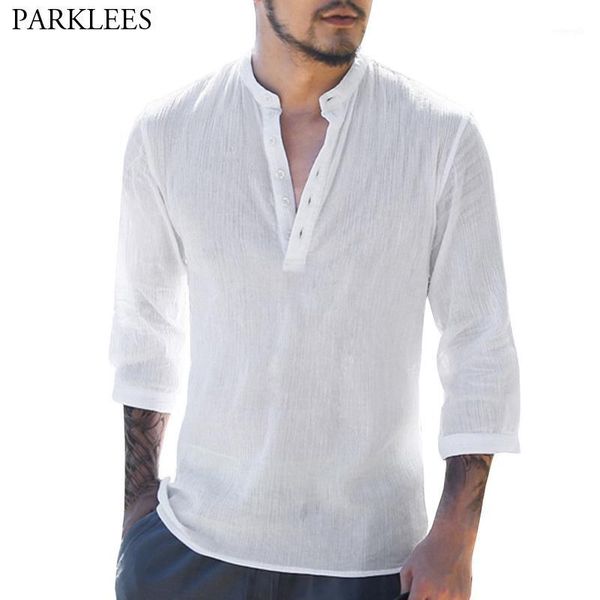 

mens cotton linen henley shirt casual 3/4 sleeve pullover shirt men lightweight button casual blouse male chemise homme 3xl1, White;black