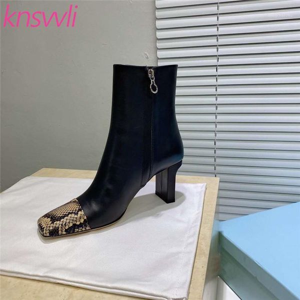 

boots square toe high heels brand ankle women snake pattern leather runway ladies winter shoes patchwork short woman1, Black