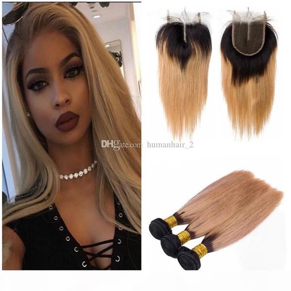 

strawberry blonde ombre hair with lace closure silk straight two tone dark root 27 blonde hair with 4x4 lace closure, Black;brown