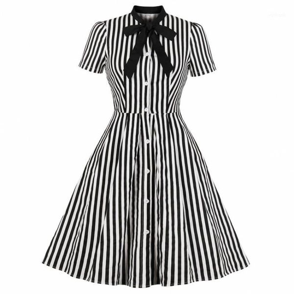 

summer cotton striped print midi dress casual cute women short sleeves bowknot shirt dresses evening party office swing vestidos1, White;black