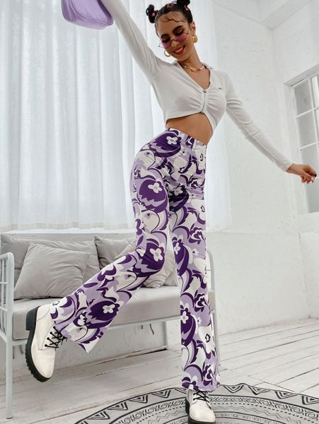 

allover floral print flare leg pants g2kl#, Black;white