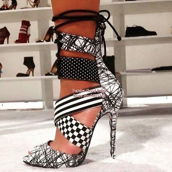 

black white printed lace-up high heel pumps peep toe geometric pattern hollow patchwork shoes cut-out thin heels cage shoes