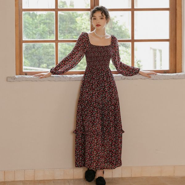 

lightcelebrity dress autumn dress new style french style beach skirt long skirtwith one shoulder chiffon floral long sleeve beach skirt 7pyy, Black;gray