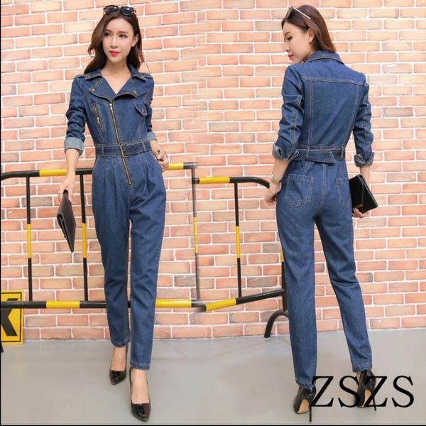 

2020 spring version the new necklace diagonal zipper suit was thin denim female overalls tools harem pants rx85, Blue