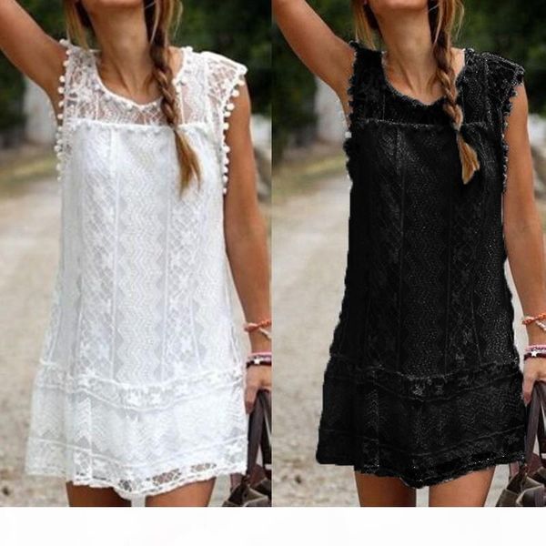 

summer dress 2017 women casual sleeveless beach short dress tassel solid white mini lace dress vestidos plus size blue white red s-2xl, Black;gray