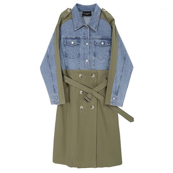 

seebeautiful denim stitching loose trench coat lapel long sleeve single breasred windbreaker new fashion 2021 spring women m7251, Tan;black