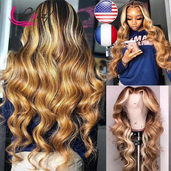 

ombre honey blonde brown highlight wig colored deep part body wave lace front wig hd transparent lace frontal human hair, Black;brown