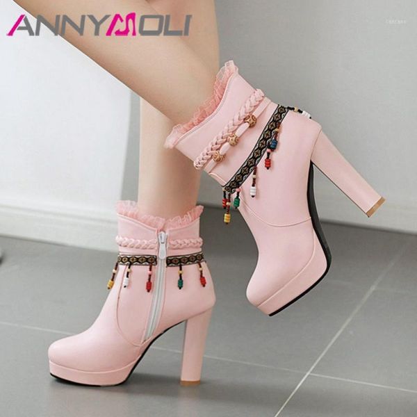 

annymoli autumn ankle boots women string bead chunky heel short boots zipper extreme high heel shoes lady winter big size 33-431, Black