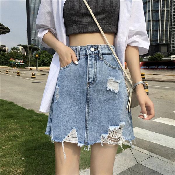 

2021summer women fresh solid slim irregular high waist short skirt loose hole fashion a-line mini denim skirt1, Black