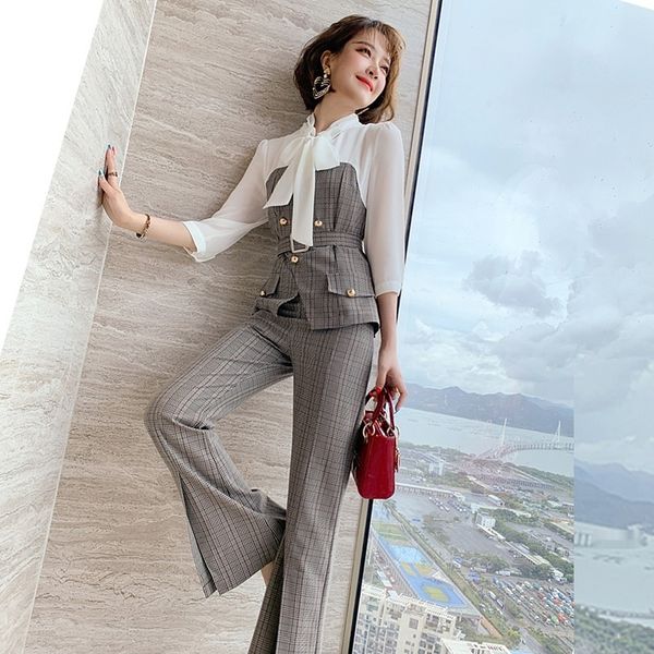 

контраст цвета мозаики костюм suittop брюки setplaid талии топ тонкие ноги щели микро тянуть штаны набор для ранней осени женщин 2020 новый, Gray