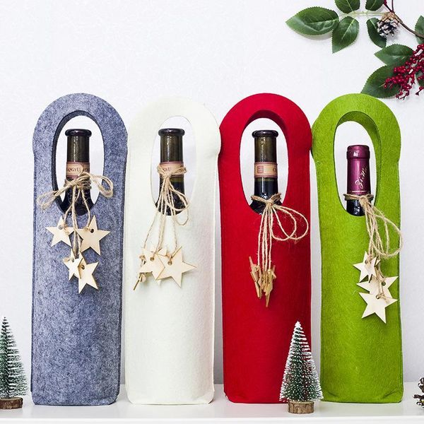 

christmas decorations felt red wine bottle cover holder gift wrap bag with wooden star pendant dinner table decoration wedding party decor1