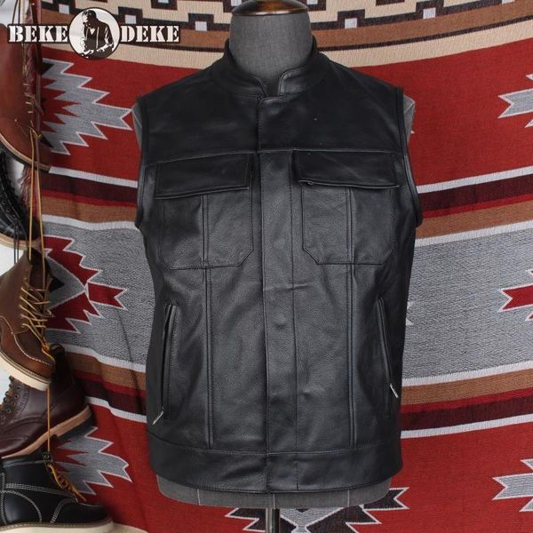 

fashion mens genuine leather moto biker vest punk stand collar sleeveless jacket slim fit zipper classic black cowhide waistcoat, Black;white