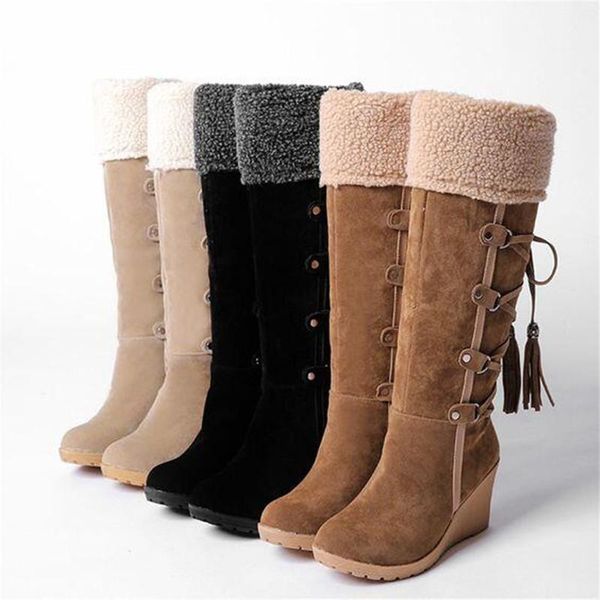 

boots 2021 classic women knee high wedges heels long warm plush snow quality suede shoes woman, Black