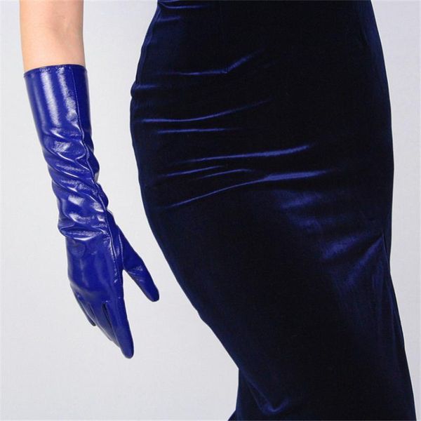 

five fingers gloves women' patent leather medium long pu simulation bright mirror blue deep 40cm tbbl05, Blue;gray