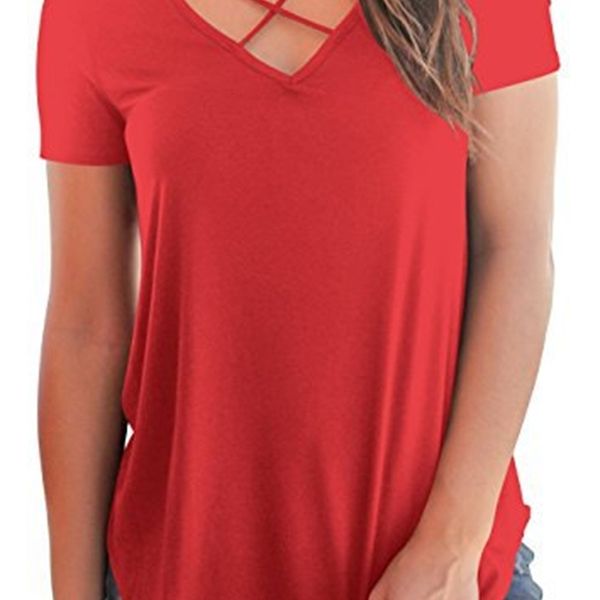 

2020 european and american popular women's front cross v-neck short-sleeved loose t-shirt women, White