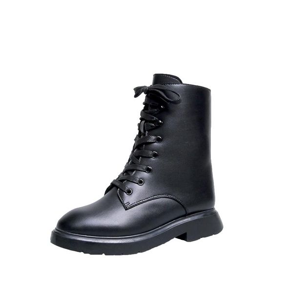 

winter boots for women platform pu leather shoes mid-calf motorcycle boots ladies shoes lace up female low heel zapatos de ujer, Black