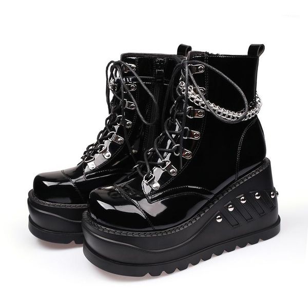 

boots ankle for women punk shoes classics gothic patent leather chain wedges wedge platform black1, Black