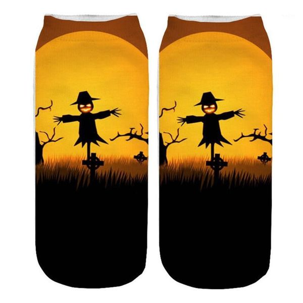 

autumn winter socks women cotton casual 3d novelty funny cat ankle socks halloween pumpkin printing boat female y1081, Black;white